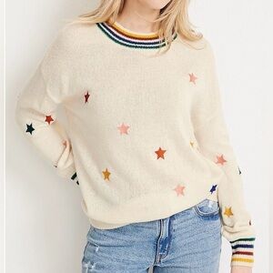 Storia Cream and Orange Crew Neck Sweater with Star Pattern